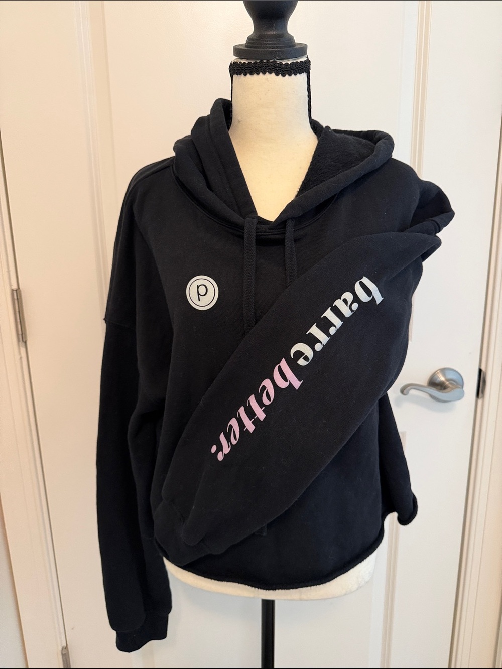 Pure Barre Black Hooded Sweater with Sleeve Logo. Cropped